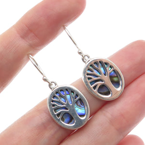 925 Sterling Silver Vintage Real Abalone Shell Tree of Life Dangle Earrings