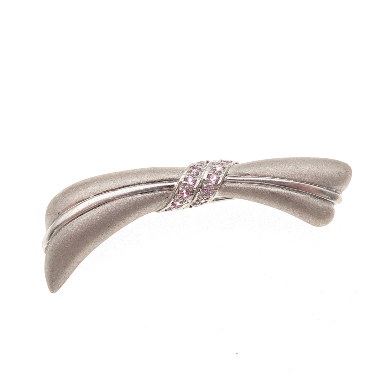 925 Sterling Silver Real Round-Cut Pink Sapphire Modernist Bow Pin Brooch