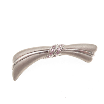 925 Sterling Silver Real Round-Cut Pink Sapphire Modernist Bow Pin Brooch