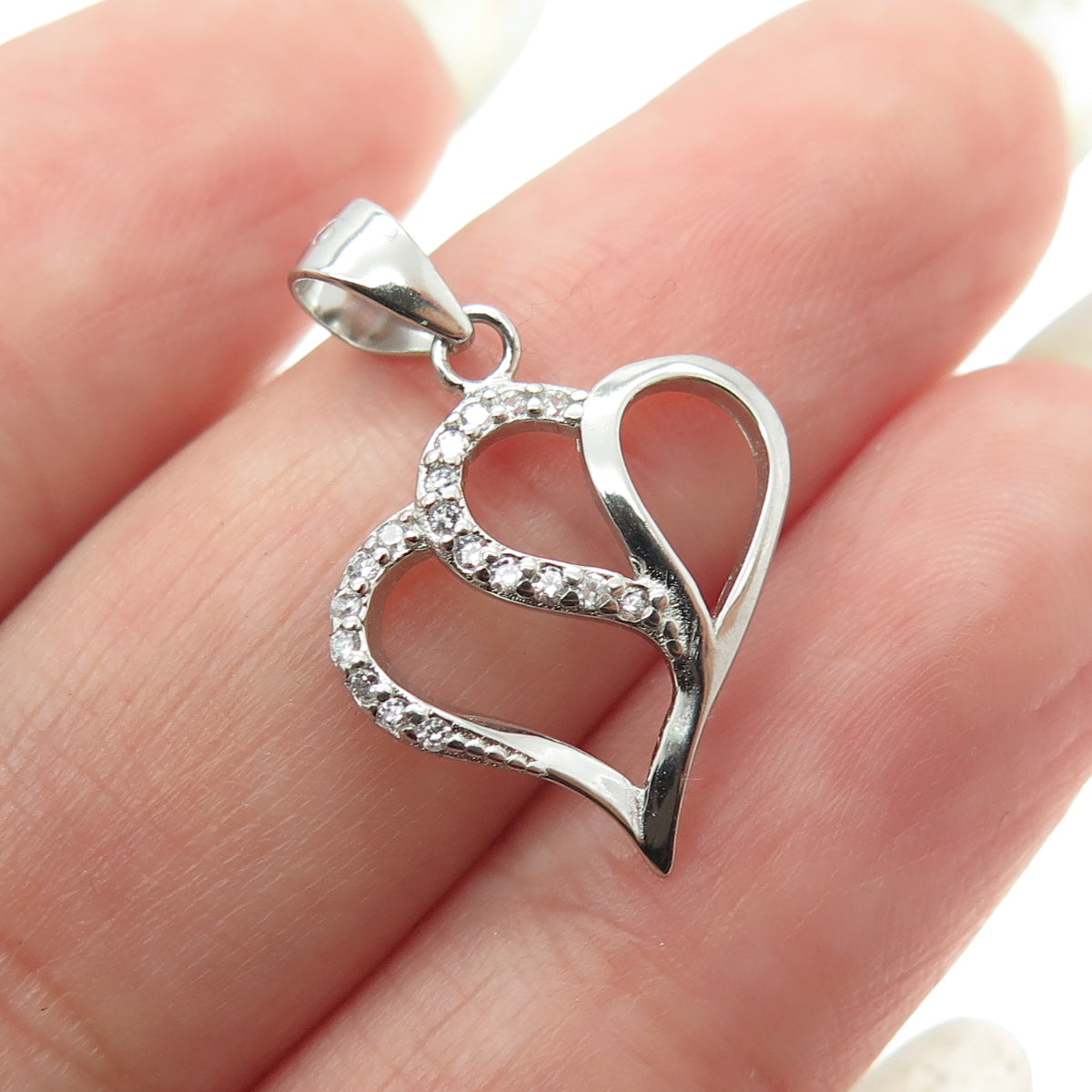 925 Sterling Silver Round-Cut Shaped C Z Double Heart Pendant