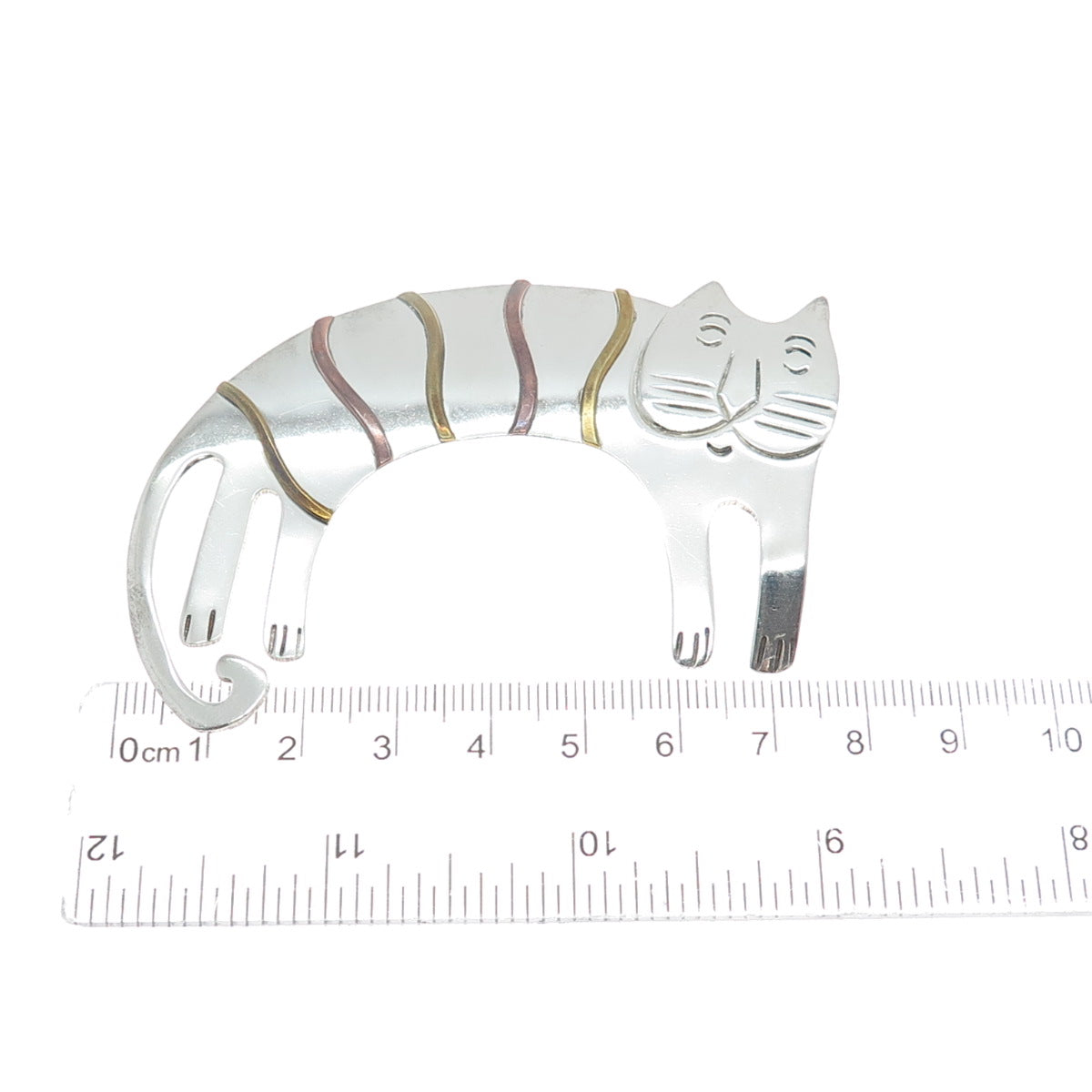 925 Sterling Silver 3-Tone Vintage Mexico Modernist Cat Cartoon Pin Brooch