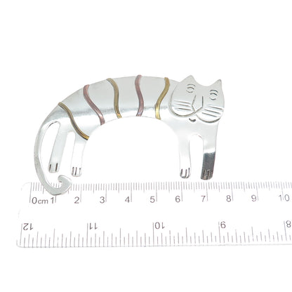 925 Sterling Silver 3-Tone Vintage Mexico Modernist Cat Cartoon Pin Brooch