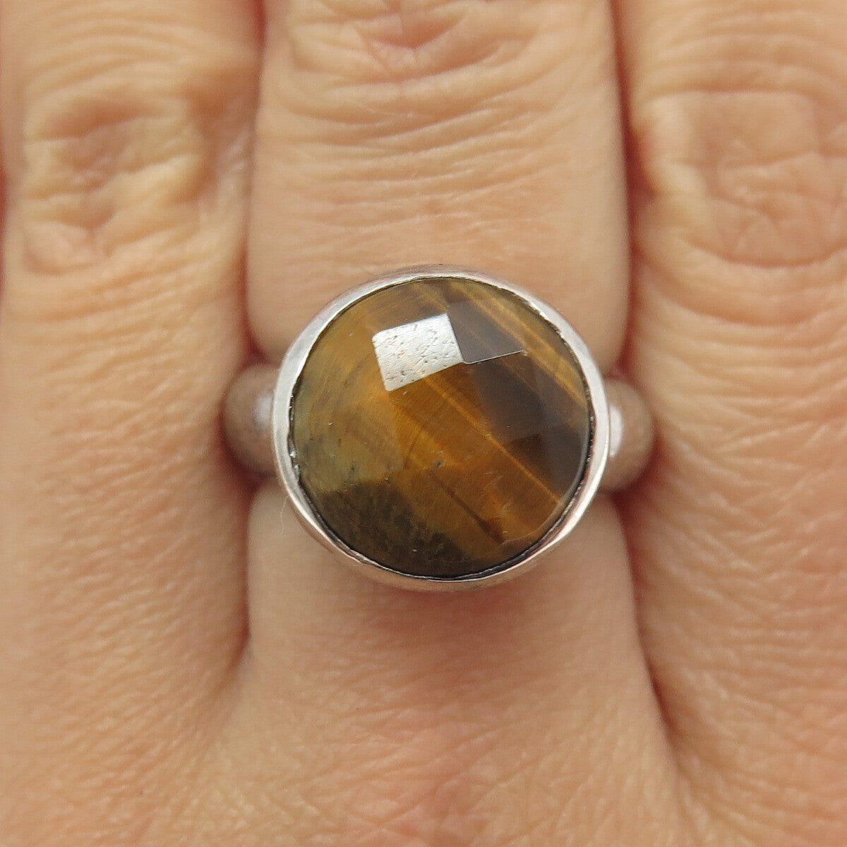 925 Sterling Silver Vintage Real Tiger Eye Modernist Ring Size 7.25