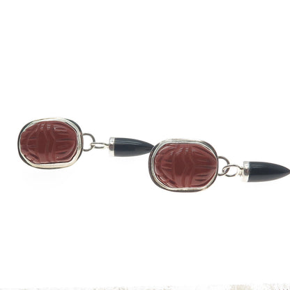 GG ORG DESIGNER Sterling 14K Gold Posts Vintage Jasper & Onyx Scarab Earrings
