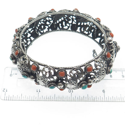 925 Sterling Silver Antique Real Turquoise Coral Floral Oxidized Bracelet 7.75"