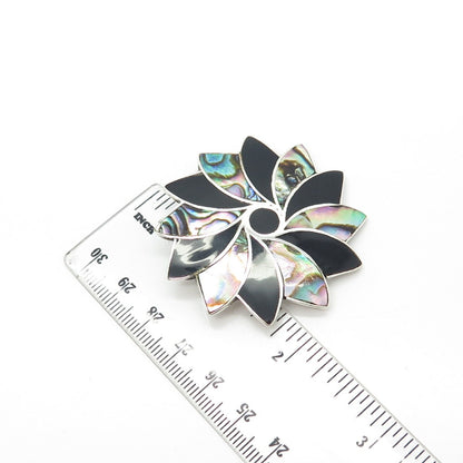 925 Sterling Silver Vintage Mexico Taxco Abalone Shell & Black Onyx Gem Brooch
