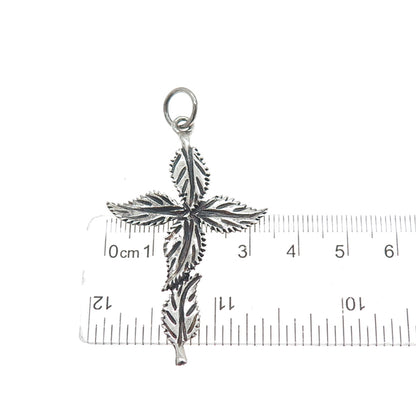 925 Sterling Silver Vintage Floral Leaf Cross Oxidized Pendant