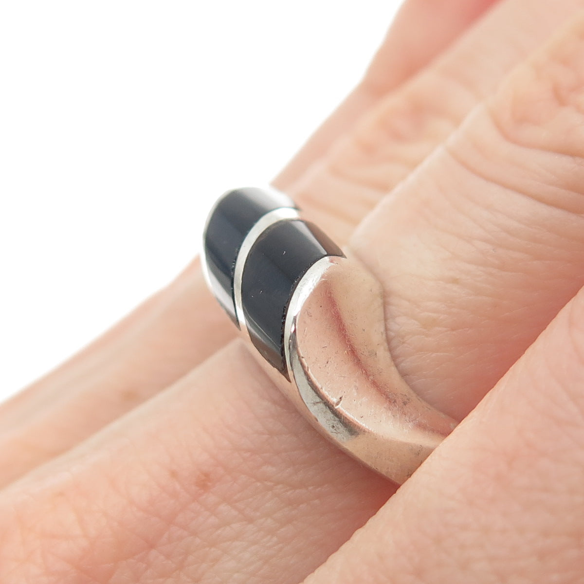 925 Sterling Silver Vintage Mexico Real Black Onyx Modernist Ring Size 6.25