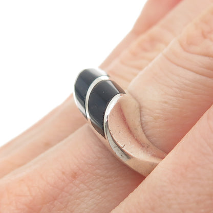 925 Sterling Silver Vintage Mexico Real Black Onyx Modernist Ring Size 6.25