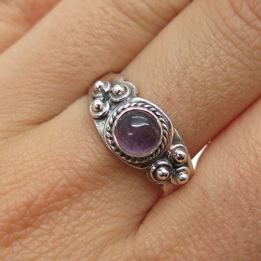 925 Sterling Silver Vintage Real Amethyst Beaded Oxidized Ring Size 9