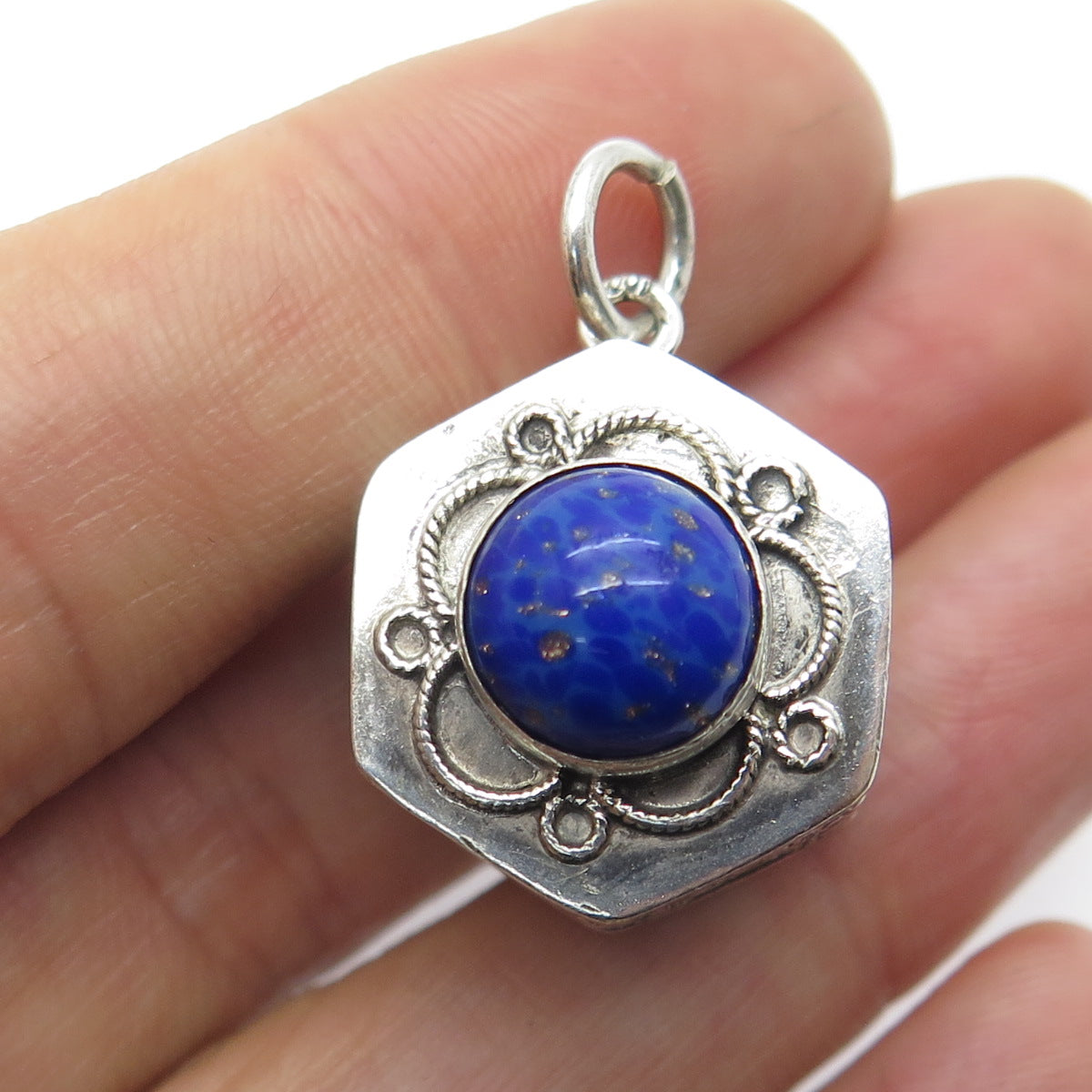 800 Silver Antique Art Deco Real Green Onyx & Lapis Filigree Dual Sided Pendant