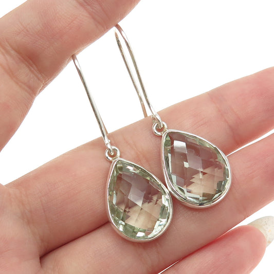 925 Sterling Silver Vintage Real Pear-Cut Green Amethyst Dangling Earrings