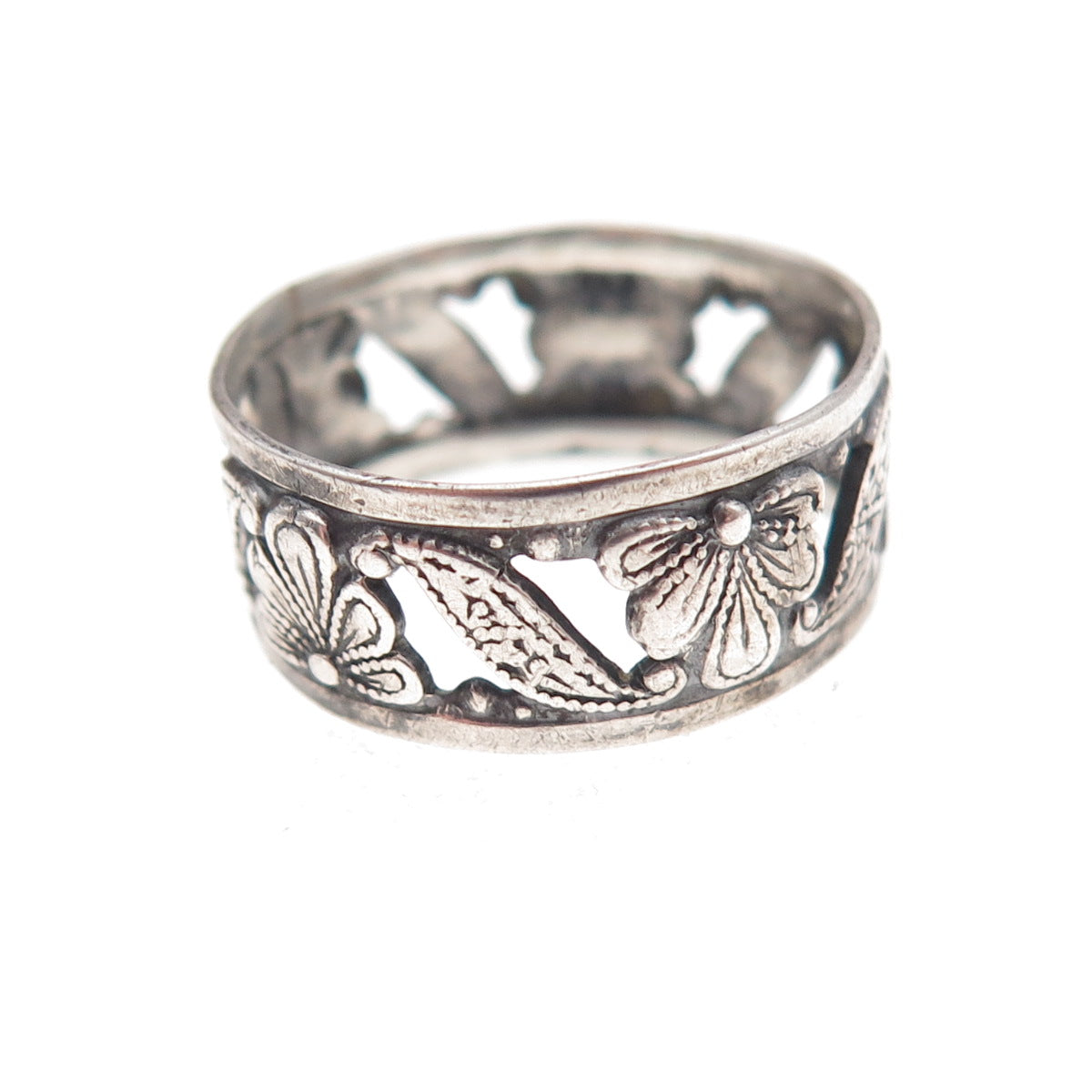 Uncas 925 Sterling Silver Antique Art Deco Floral Oxidized Band Ring Size 7