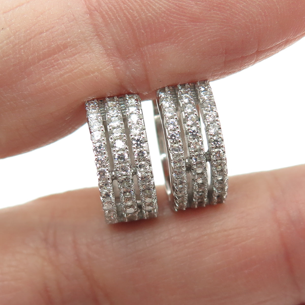 925 Sterling Silver Round-Cut C Z 3-Row Hoop Earrings