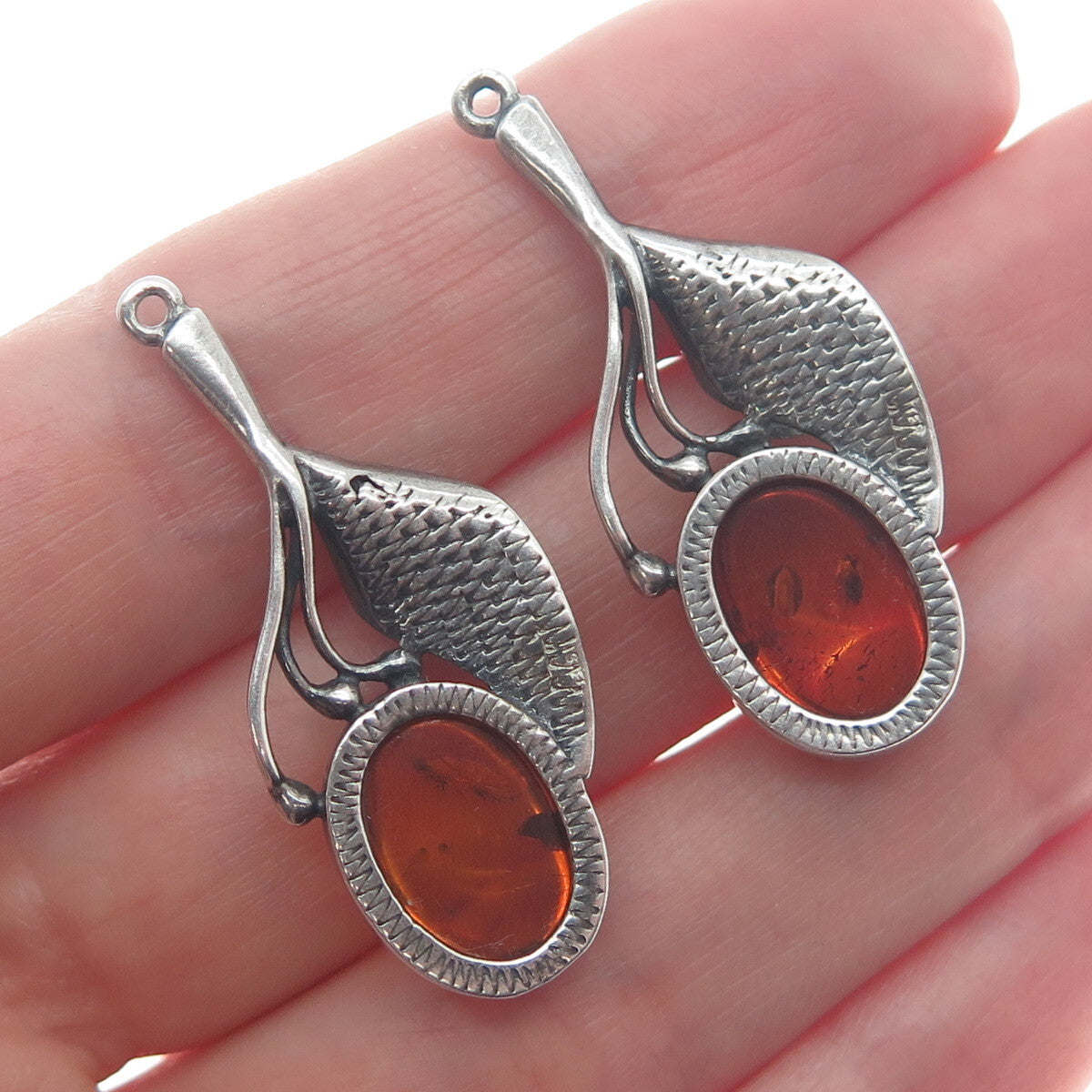 925 Sterling Silver Vintage Real Baltic Amber Leaf Oxidized Jacket Earrings