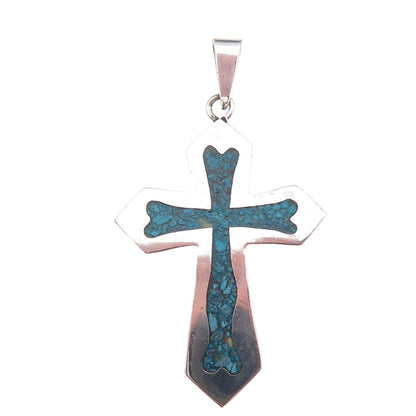 925 Sterling Silver Vintage Mexico Real Turquoise Inlay Cross Pendant