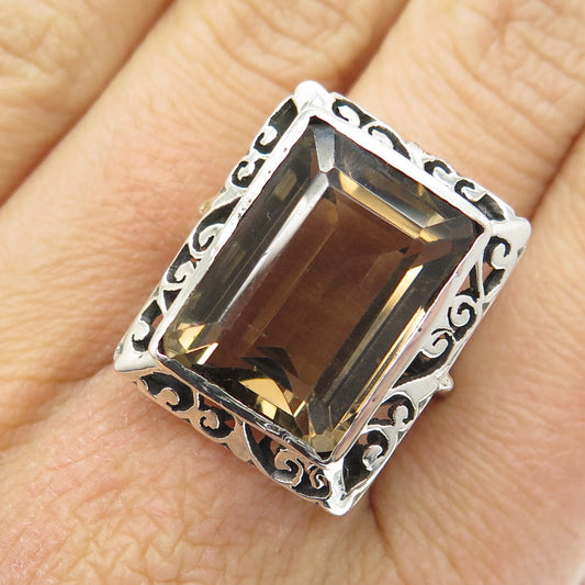 925 Sterling Silver Vintage Emerald-Cut Smoky Quartz Ornate Swirl Ring Size 8.75