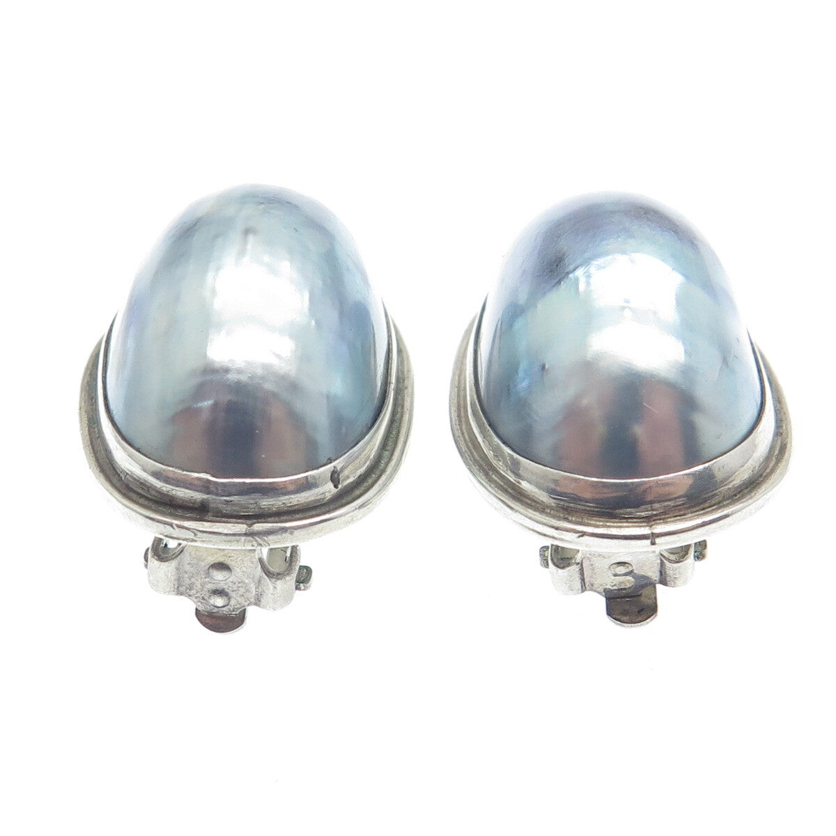 ELYSE 925 Sterling Silver Vintage Real Blue Seashell Oval Clip On Earrings