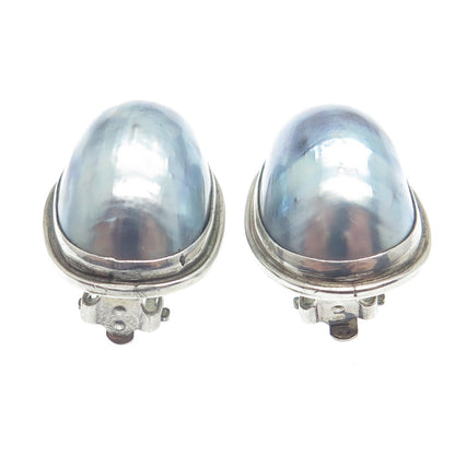 ELYSE 925 Sterling Silver Vintage Real Blue Seashell Oval Clip On Earrings