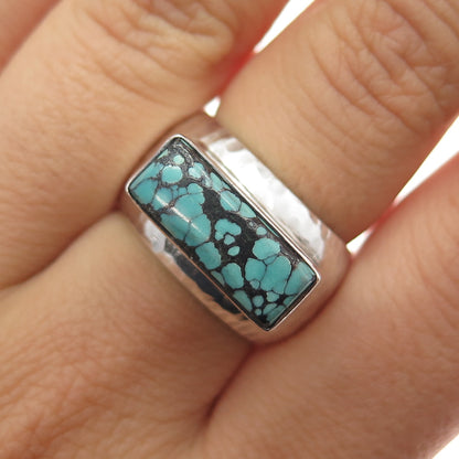 925 Sterling Silver Vintage Real Peacock Turquoise Hammered Finish Ring Size 7.5