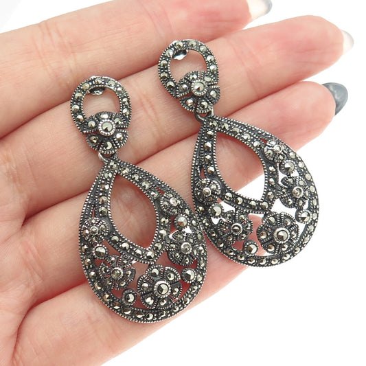 925 Sterling Silver Vintage Real Marcasite Floral Drop Dangling Earrings