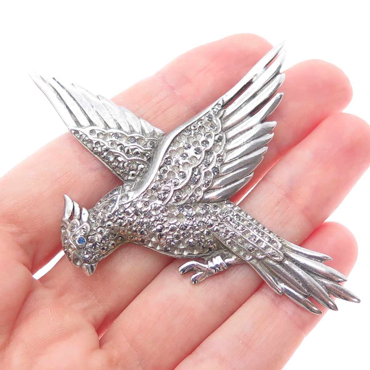 925 Sterling Silver Antique Marcasite & Rhinestone Bird Brooch (missing stones)