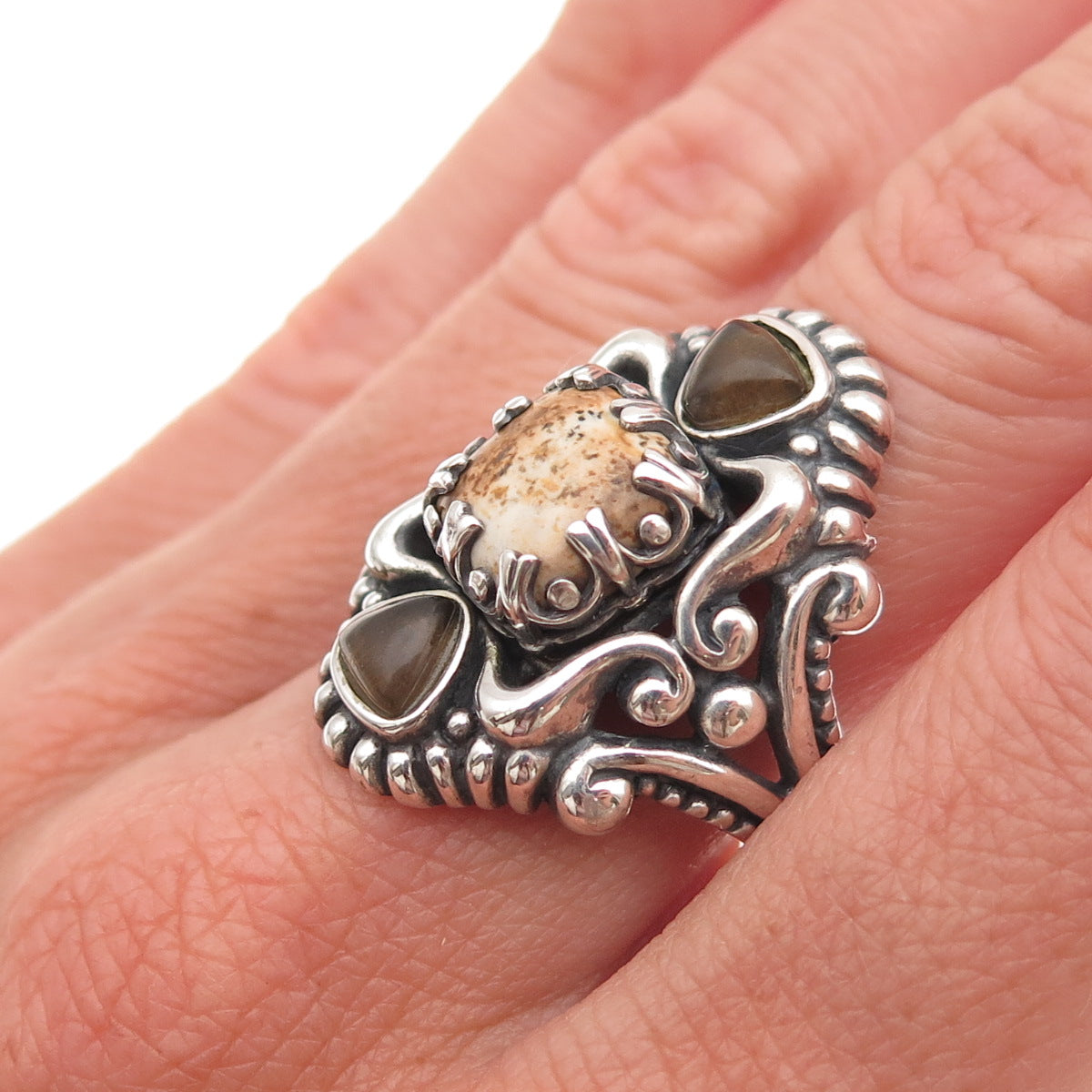 Carolyn Pollack 925 Sterling Silver Vintage Real Jasper & Agate Ring Size 8.25