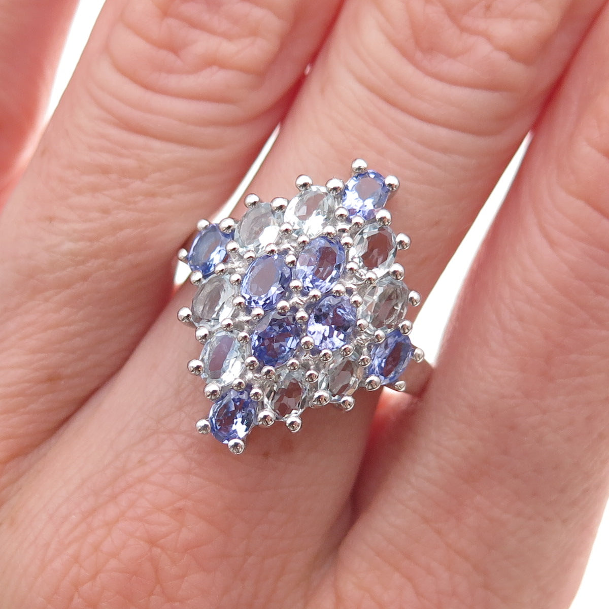 925 Sterling Silver Real Tanzanite & Blue Topaz Cluster Ring Size 8