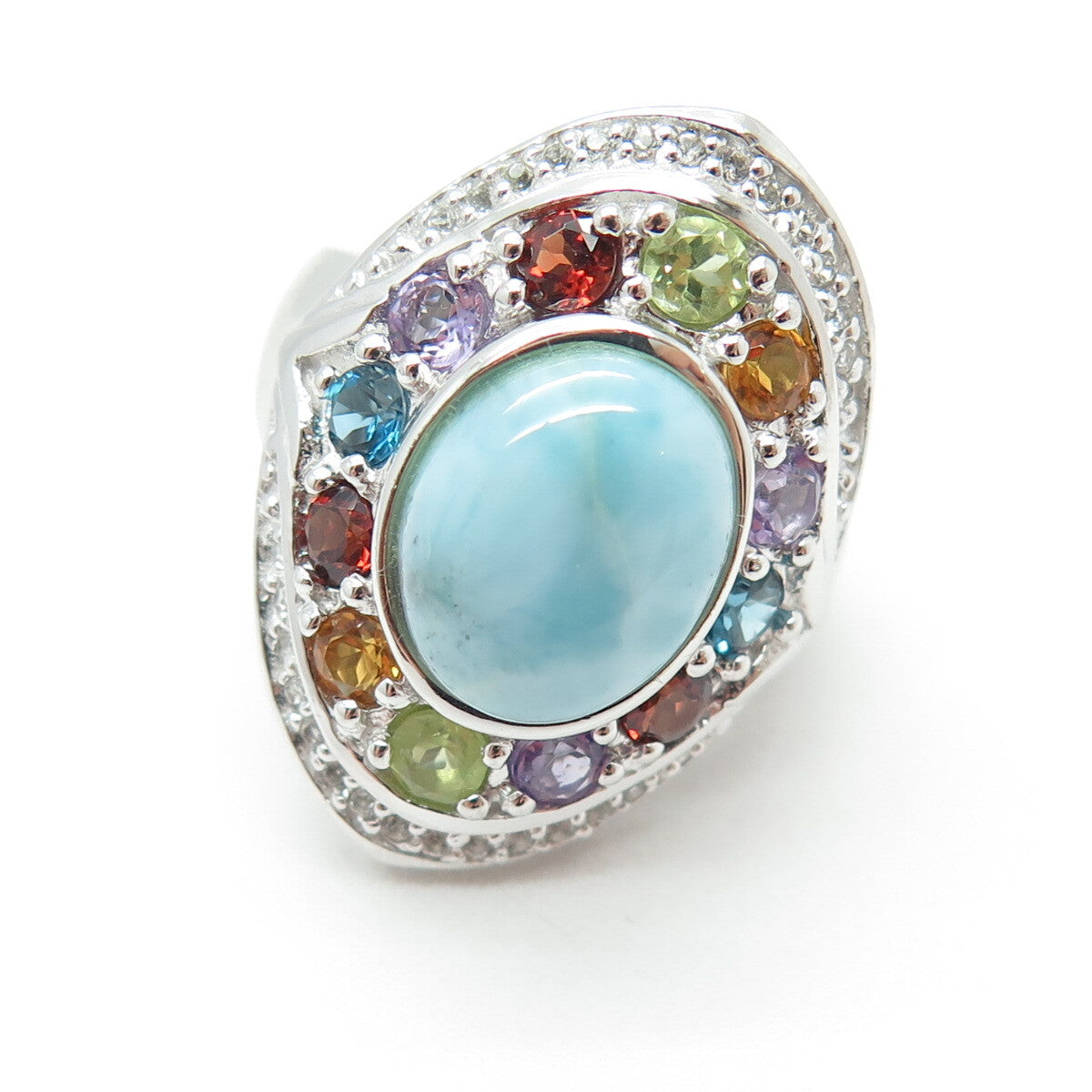 KN Kajal Naina Sterling Larimar Topaz Citrine Amethyst & Peridot Ring Size 5.75