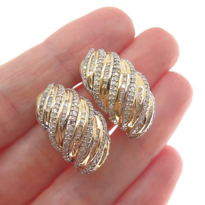 SUN 925 Sterling Silver Gold Plated Real White Diamond Wavy Omega Back Earrings