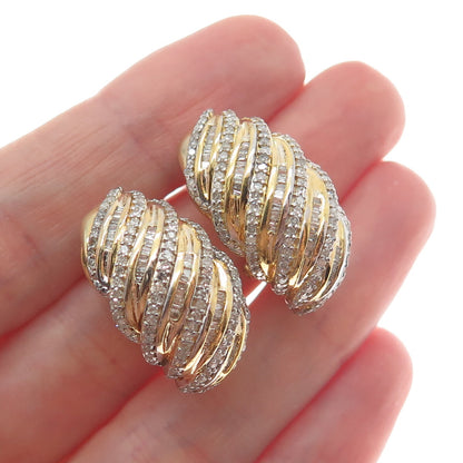 SUN 925 Sterling Silver Gold Plated Real White Diamond Wavy Omega Back Earrings