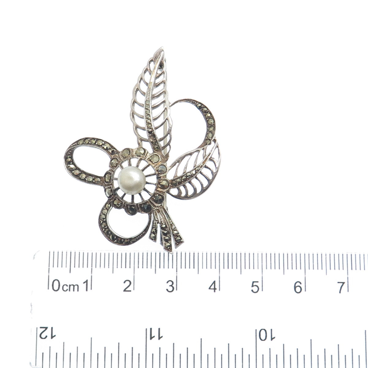 925 Sterling 2-Tone Antique Real Pear & Marcasite Leaf Brooch (missing 1 stone)
