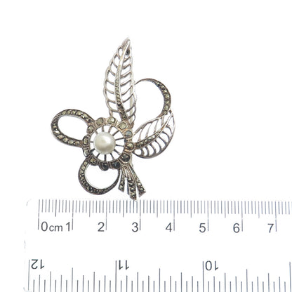 925 Sterling 2-Tone Antique Real Pear & Marcasite Leaf Brooch (missing 1 stone)