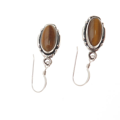 Five Star 925 Sterling Silver Vintage Real Tiger Eye Oxidized Dangle Earrings