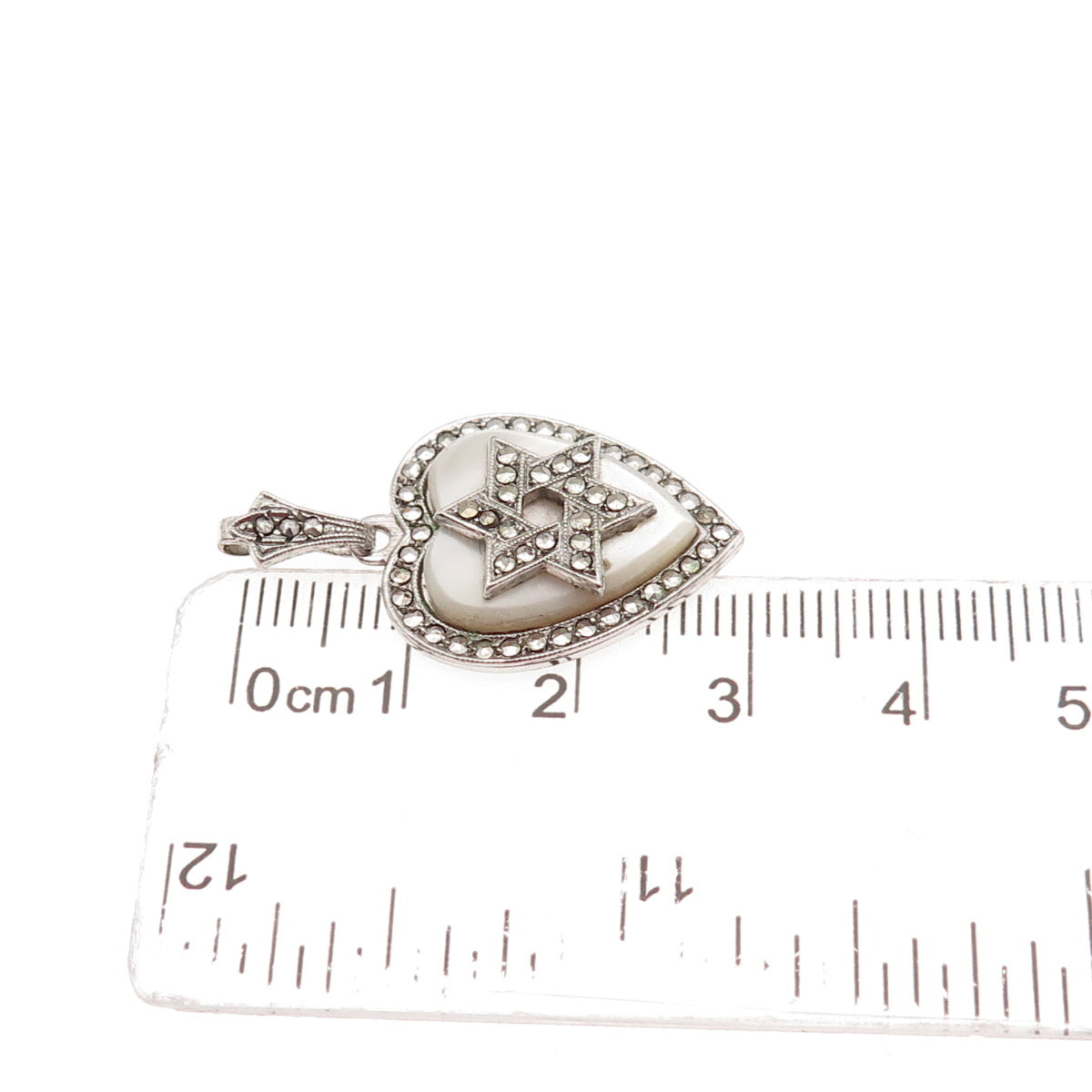 925 Sterling Antique Art Deco Real MOP & Marcasite Star of David Heart Pendant
