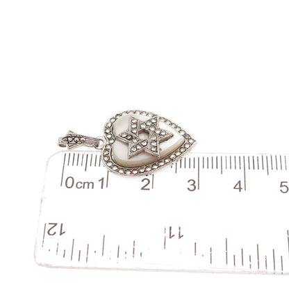 925 Sterling Antique Art Deco Real MOP & Marcasite Star of David Heart Pendant