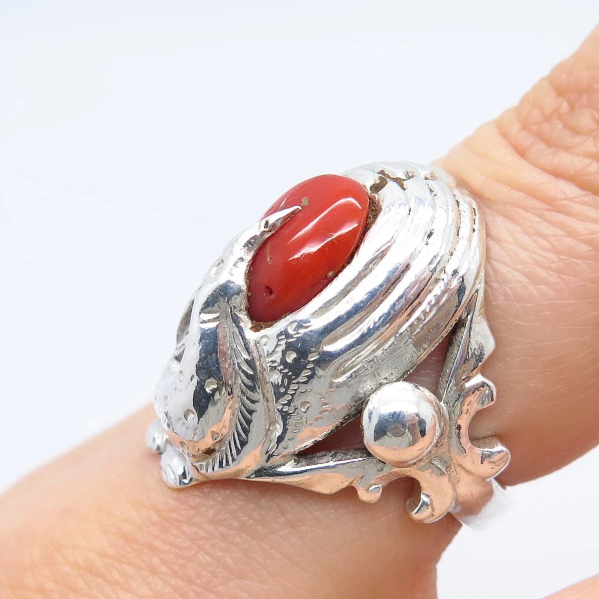 925 Sterling Silver Antique Real Coral Bird Ring Size 6.75