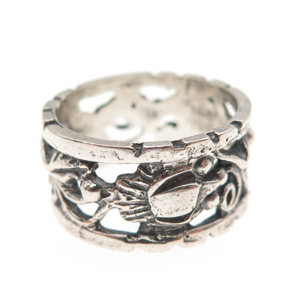 925 Sterling Silver Antique Art Deco Floral Oxidized Band Ring Size 7.25