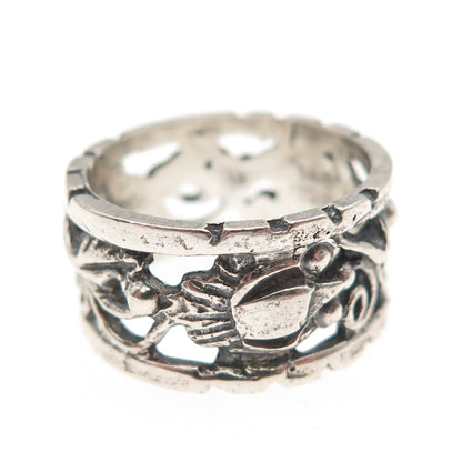 925 Sterling Silver Antique Art Deco Floral Oxidized Band Ring Size 7.25