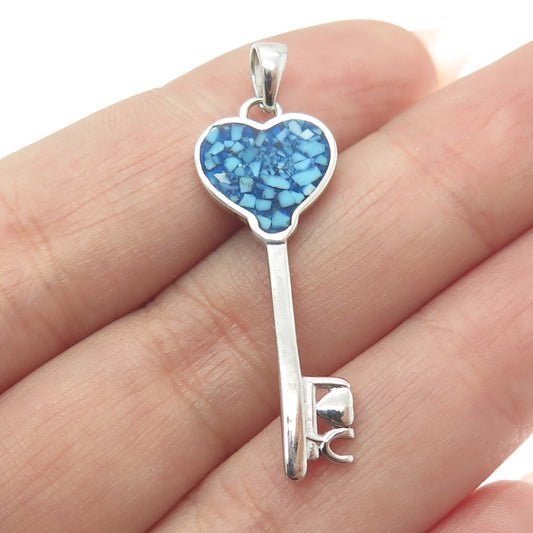 925 Sterling Silver Vintage Real Turquoise Inlay Heart Key Charm Pendant