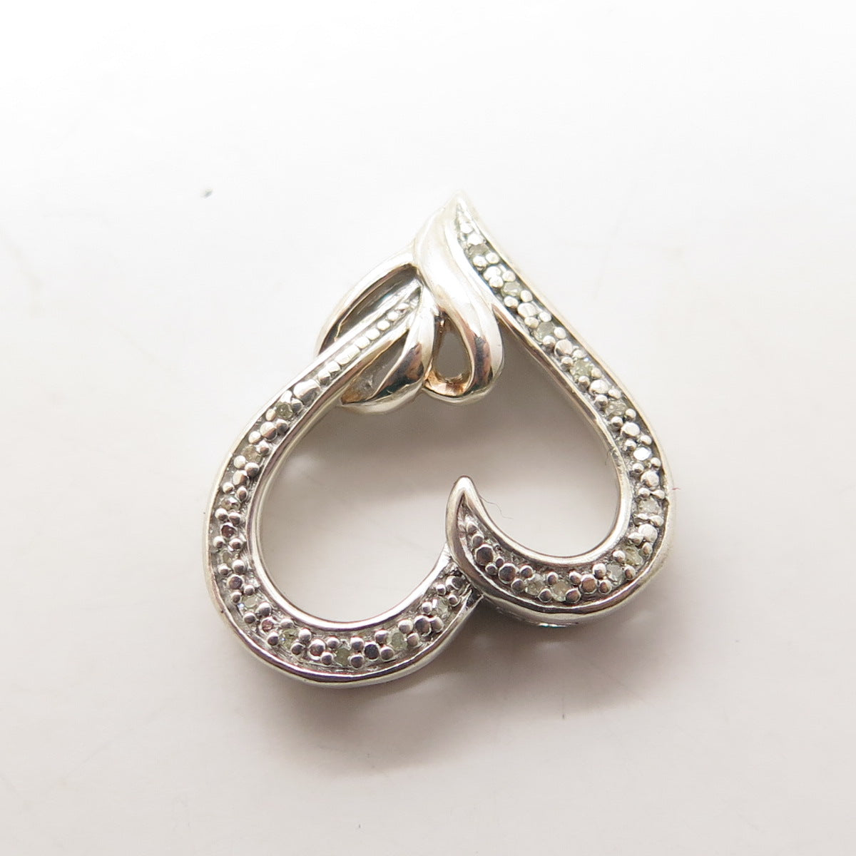 SUN 925 Sterling Silver Real Round-Cut Diamond Heart Slide Pendant