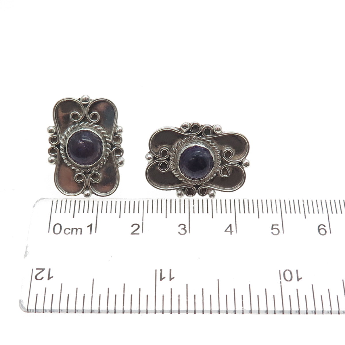 980 Silver Vintage Mexico Real Amethyst Modernist Oxidized Earrings