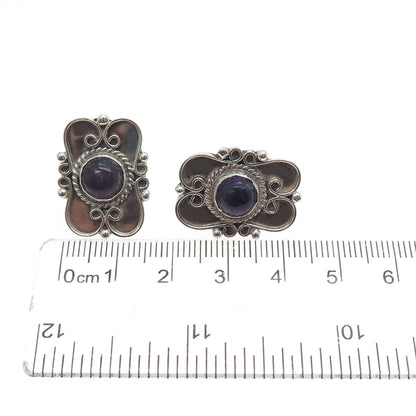 980 Silver Vintage Mexico Real Amethyst Modernist Oxidized Earrings
