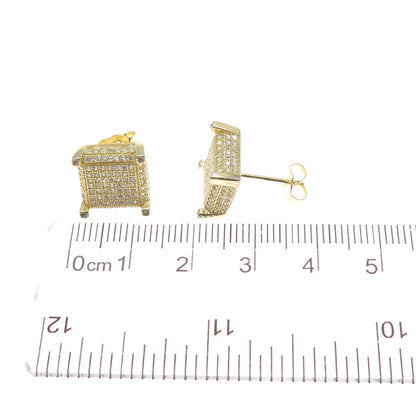 925 Sterling Silver Gold Plated Round-Cut C Z Sparkle Square Stud Earrings