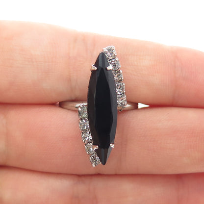 TRU ART 925 Sterling Silver Shank Antique Black Onyx & Rhinestone Ring Size 6.5