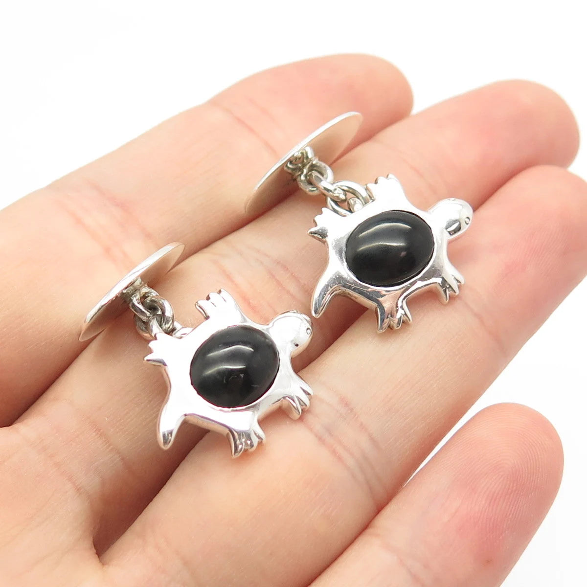 925 Sterling Silver Vintage Real Black Onyx Gem Tortoise For Good Luck Cufflinks