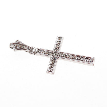 925 Sterling Silver Antique Art Deco Real Marcasite Cross Charm Pendant