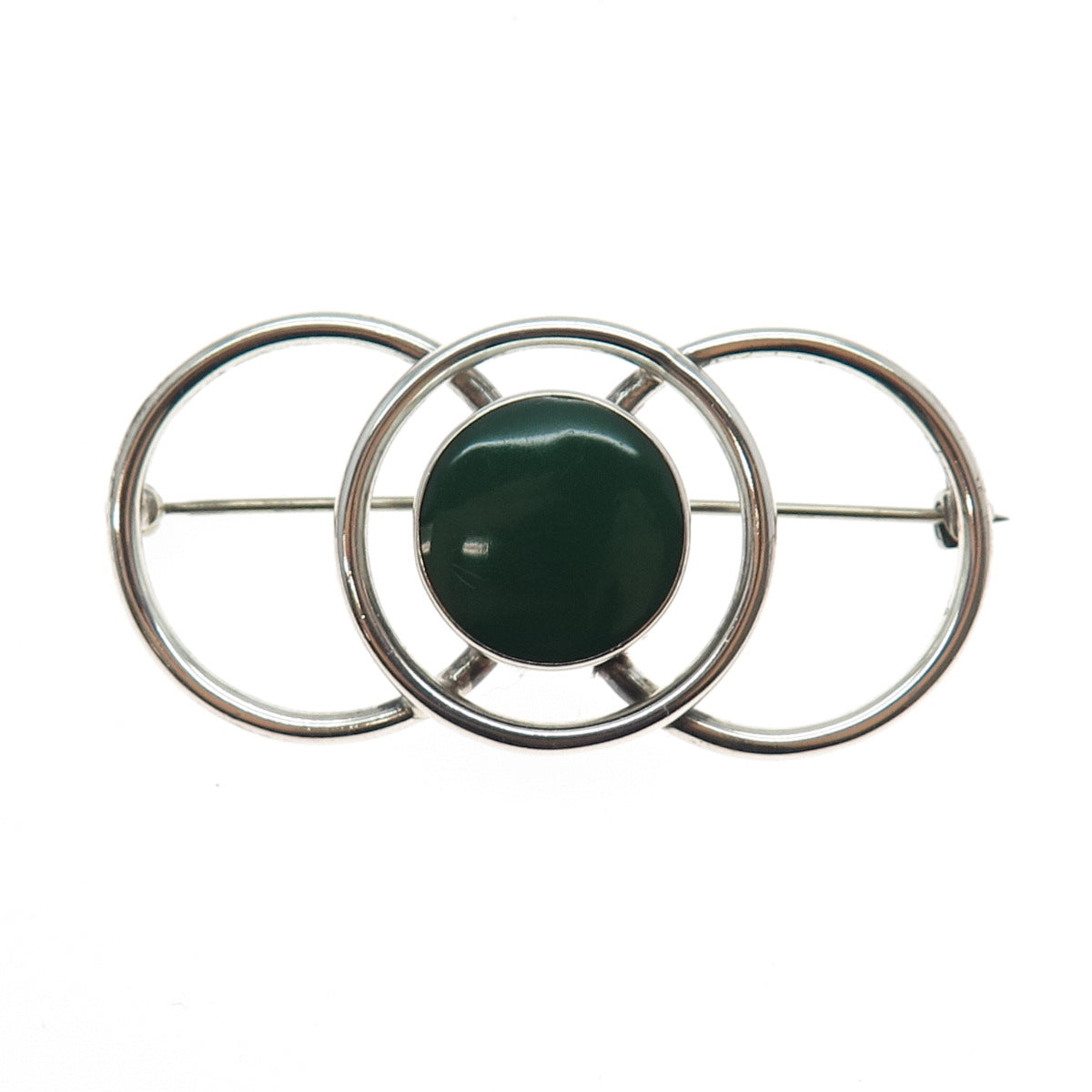 925 Sterling Silver Vintage Mexico Real Green Onyx Interlocked Circle Pin Brooch