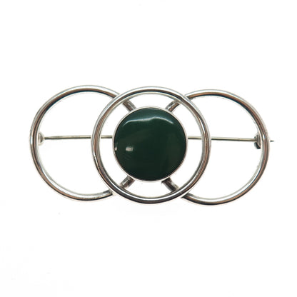 925 Sterling Silver Vintage Mexico Real Green Onyx Interlocked Circle Pin Brooch