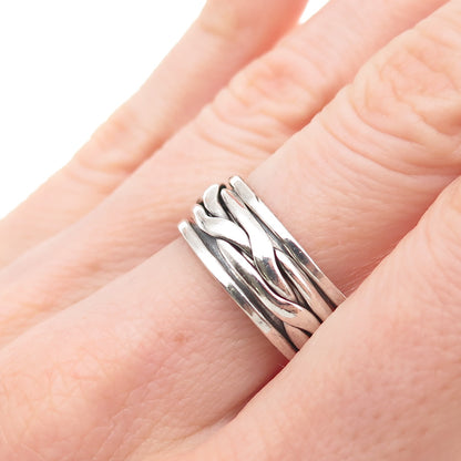 925 Sterling Silver Vintage Woven Oxidized Rotating Band Ring Size 7.5